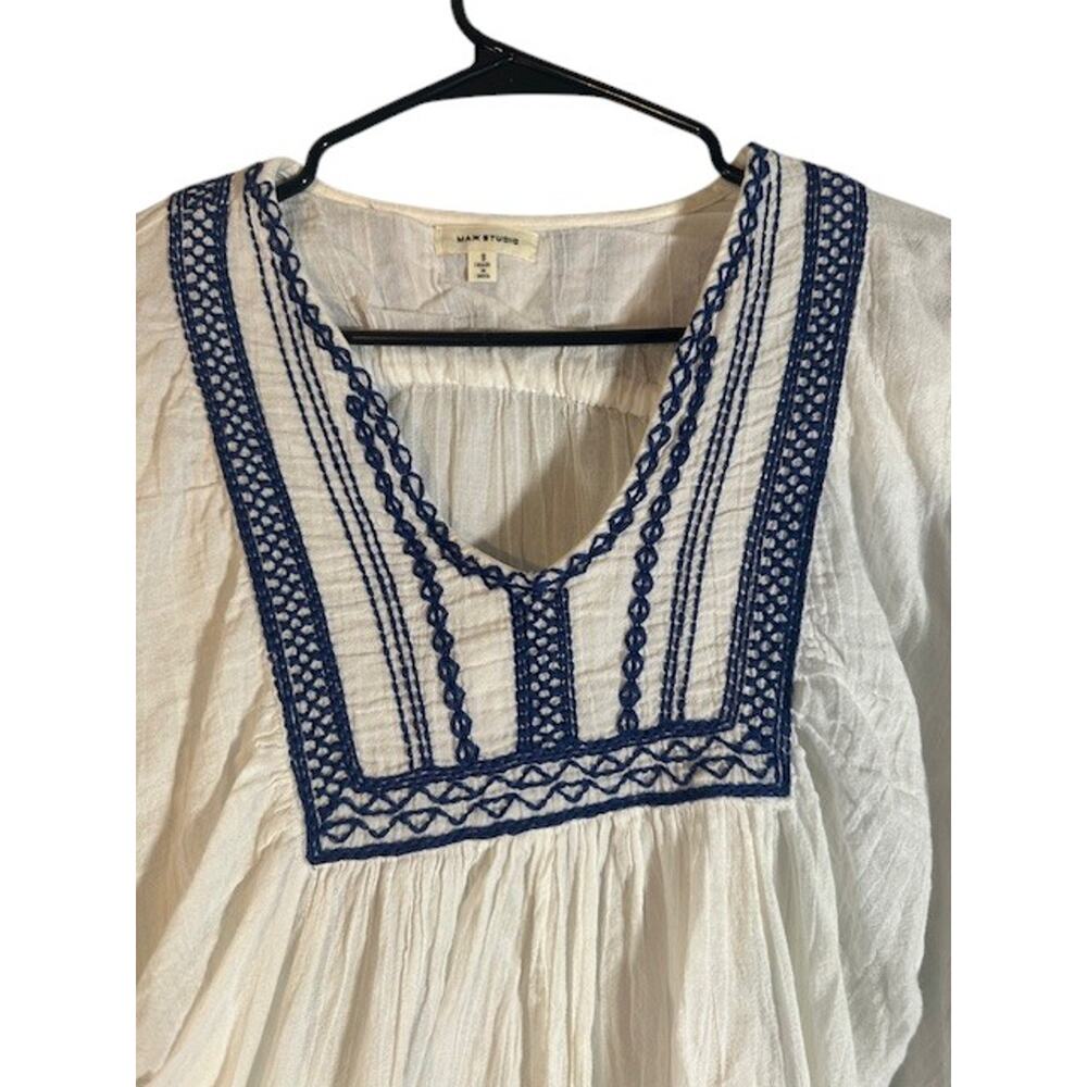 Max Studio Wide Sleeve Embroidered Cotton Boho Top Blouse White Blue Women Sm - Picture 4 of 9